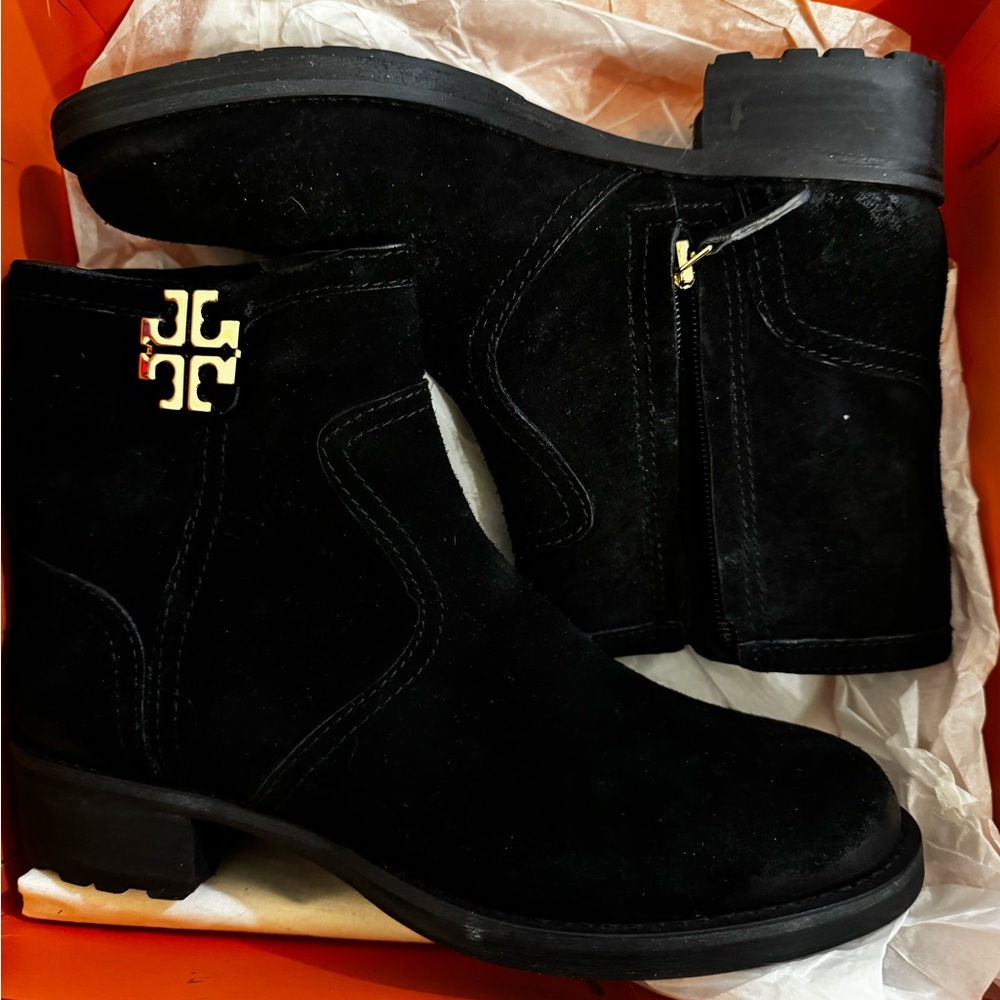 Tory Burch Black Ankle Boots with Gold Accent
